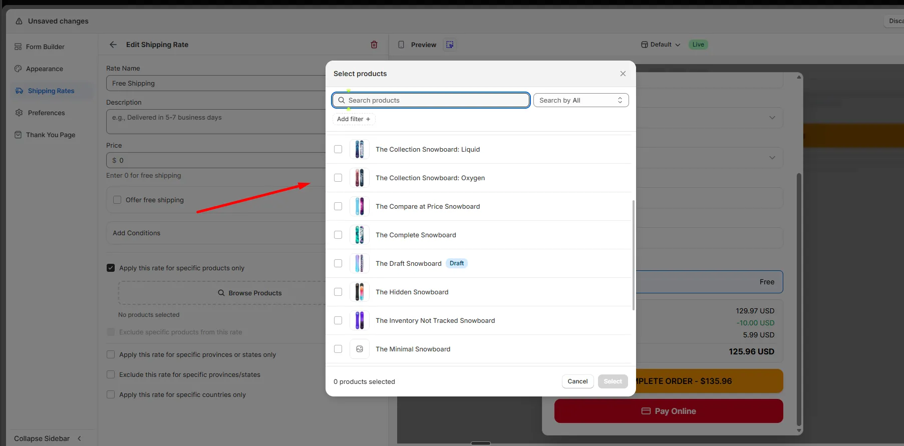 The Select products modal with a searchable list of products and checkboxes