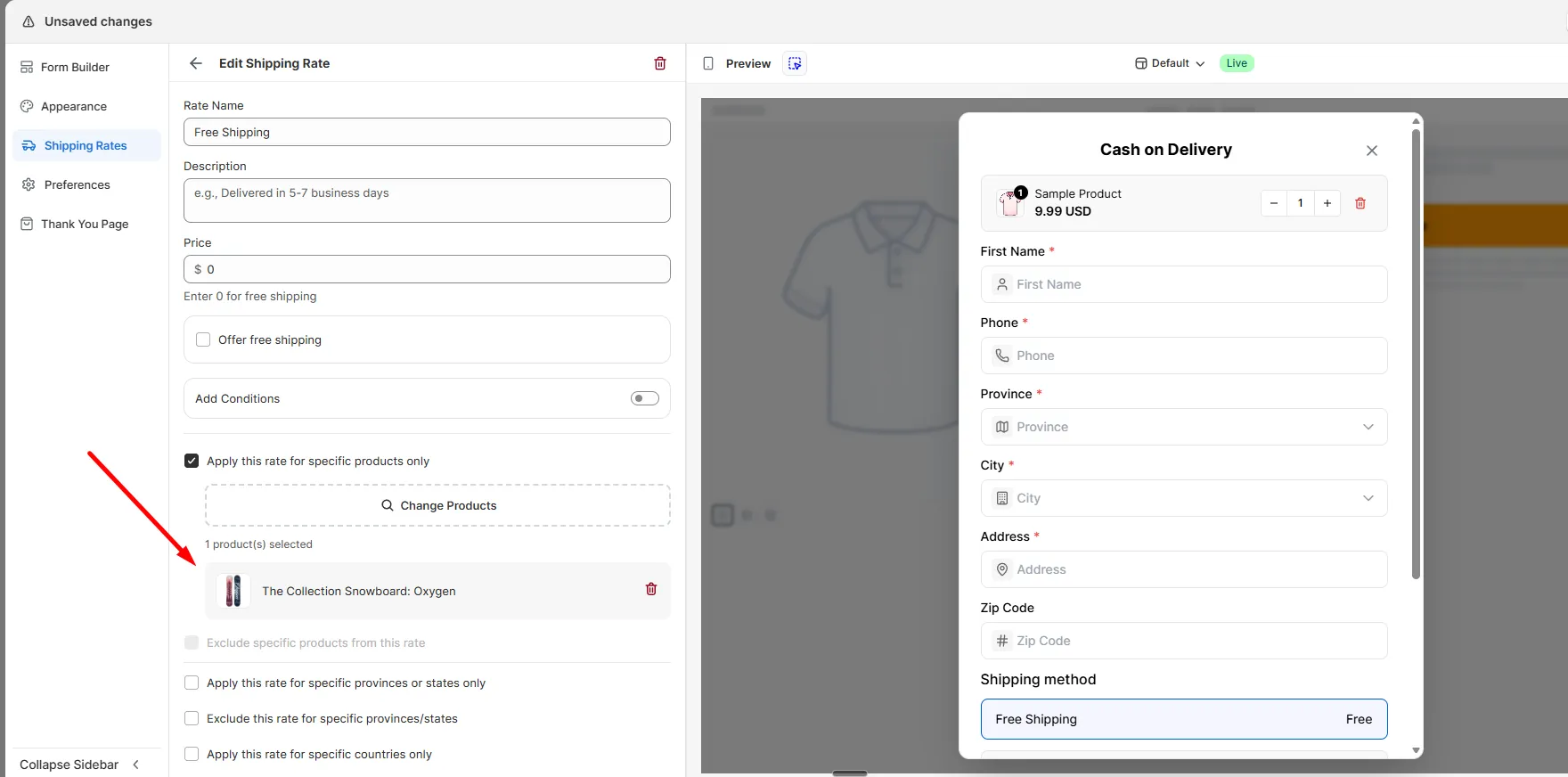 The Edit Shipping Rate panel showing one selected product and a Change Products button