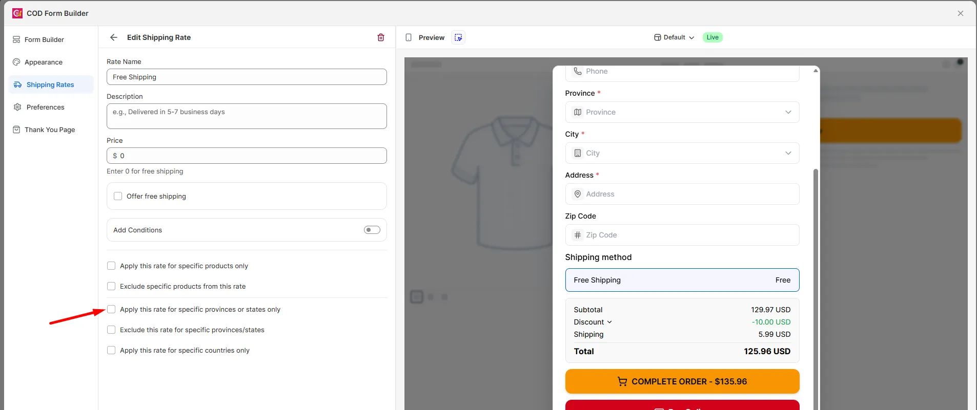 The Edit Shipping Rate panel with the province and product targeting checkboxes
