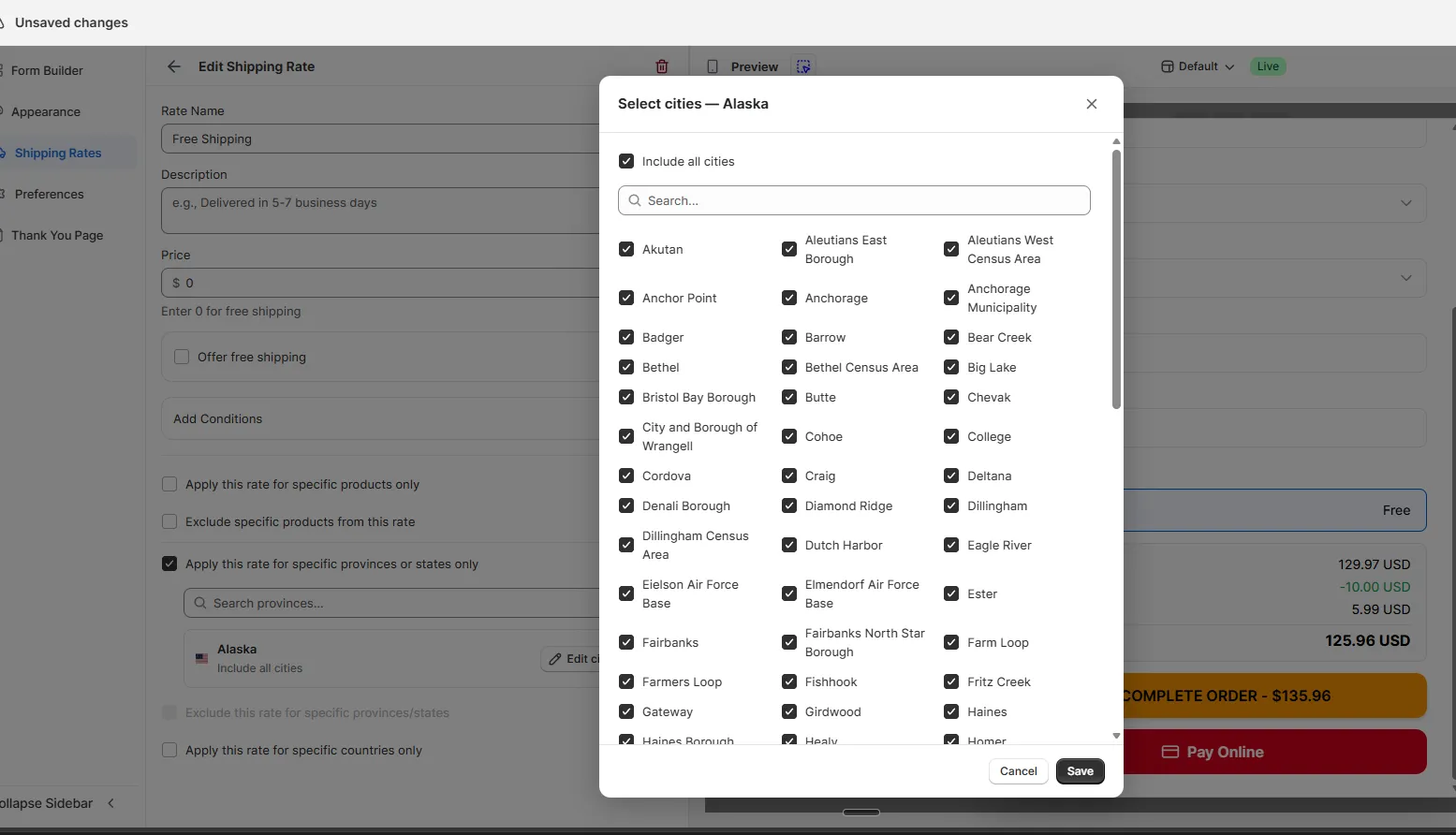 The Select cities modal for Alaska with an Include all cities option and a checkbox list of cities