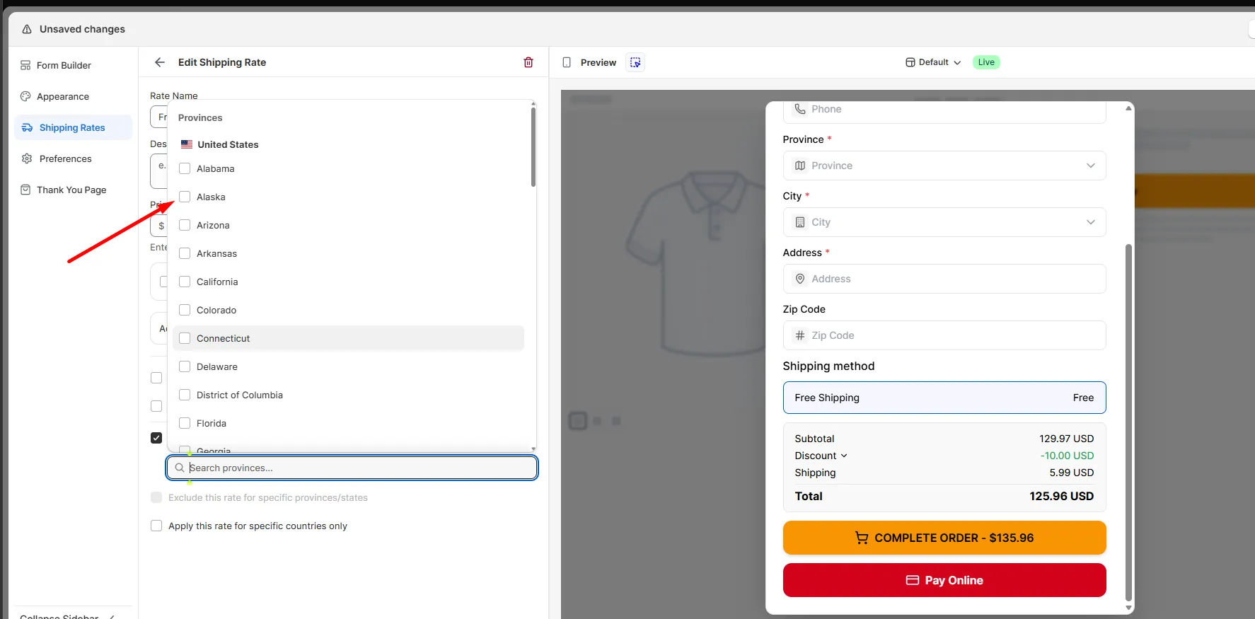 The province picker open, listing states such as Alabama, Alaska, and Arizona with checkboxes