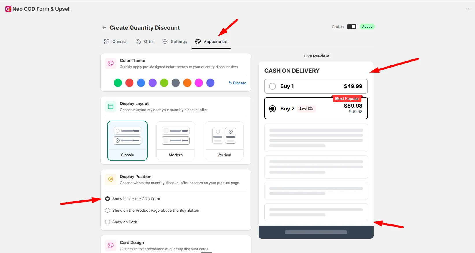 The Appearance tab with color theme swatches, Classic/Modern/Vertical layout options, and display position settings