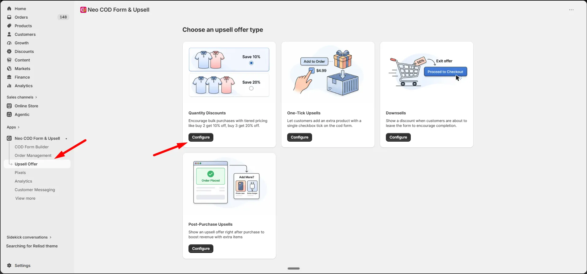 The upsell offer type picker with Quantity Discounts, One-Tick Upsells, Downsells, and Post-Purchase Upsells