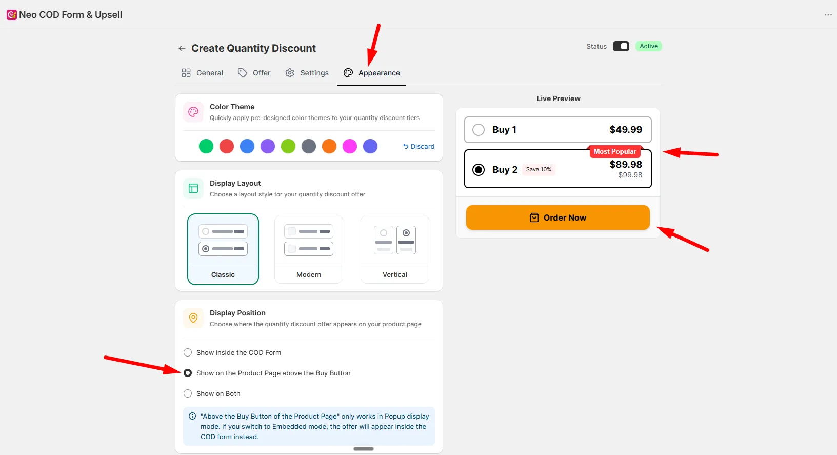 Display position set to Show on the Product Page above the Buy Button, with a note about Pop-up display mode
