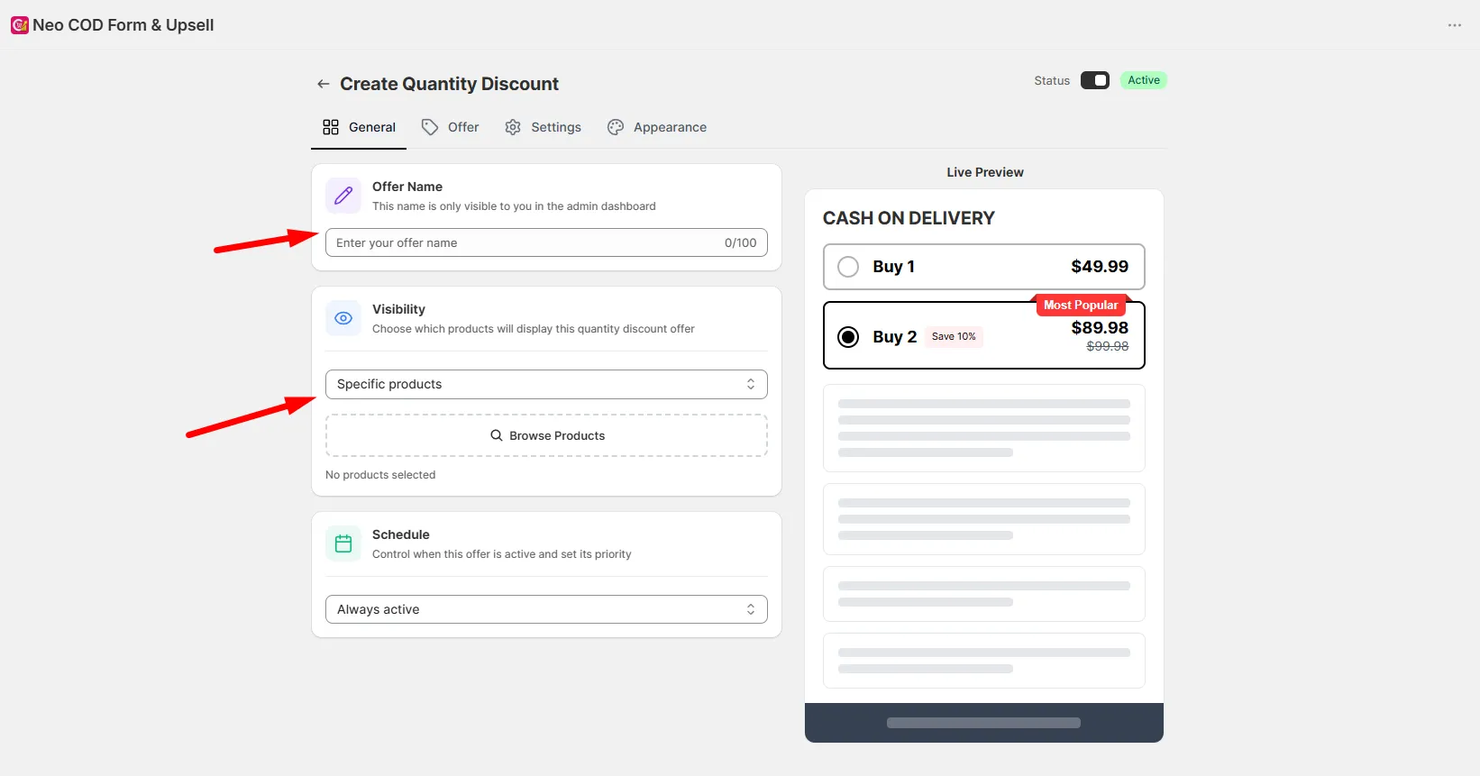 The General tab of Create Quantity Discount with Offer Name, Visibility, and Schedule settings beside a live preview