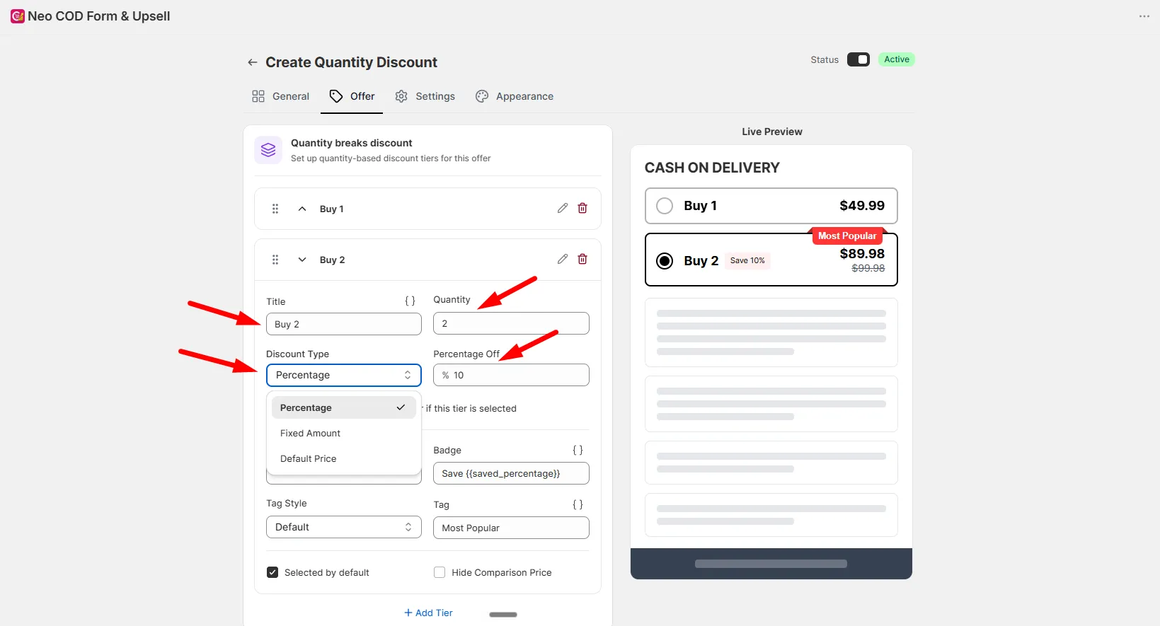 The Offer tab showing the Buy 1 and Buy 2 tiers with title, quantity, discount type, and badge fields