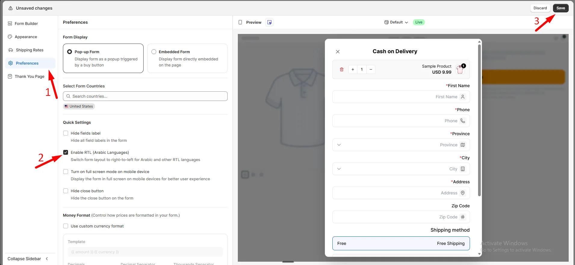 Quick Settings in Form Builder Preferences with the Enable RTL (Arabic Languages) option turned on