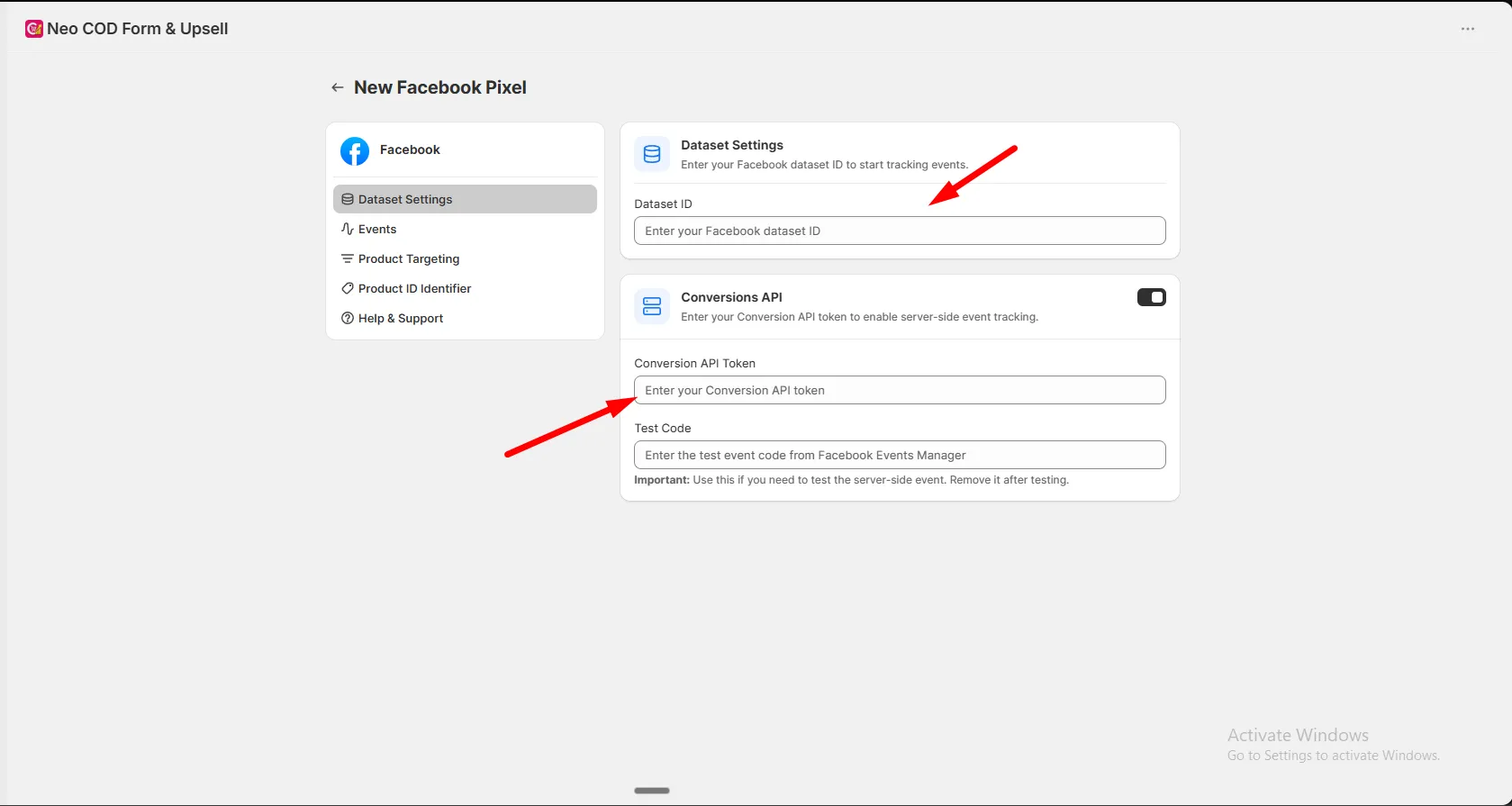 The New Facebook Pixel screen with the Dataset ID field, the Conversions API toggle, and the Conversion API Token and Test Code fields
