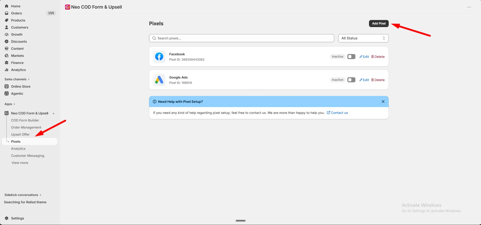The Pixels page in the app with the Add Pixel button and a list of existing pixels with active switches