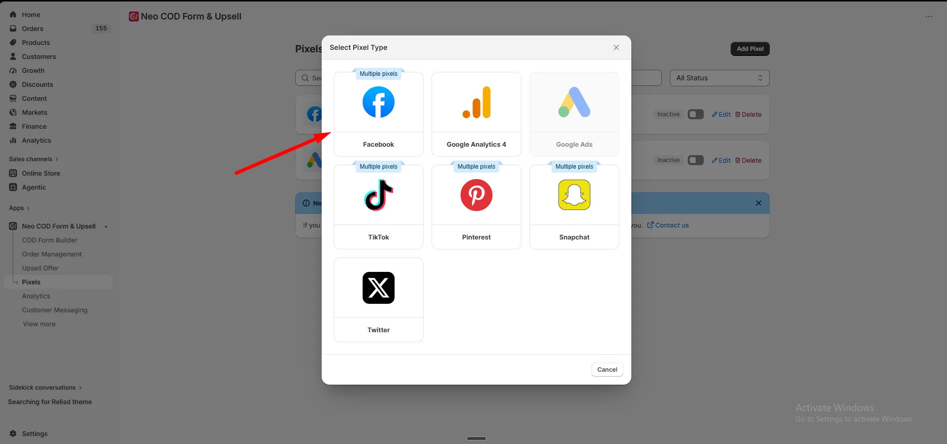 The Select Pixel Type dialog showing Facebook, Google Analytics 4, Google Ads, TikTok, Pinterest, Snapchat, and Twitter