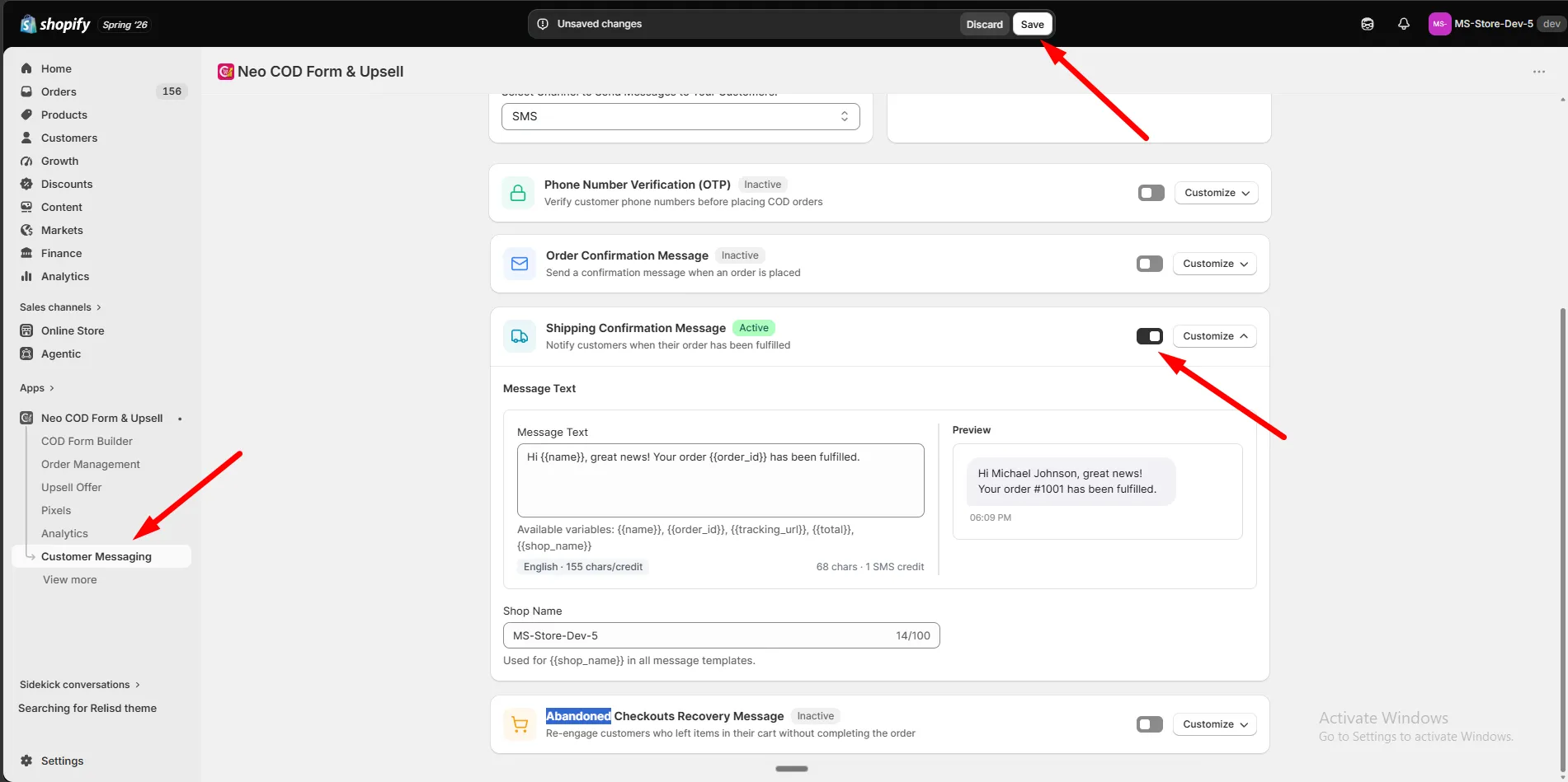 The Shipping Confirmation Message editor with Message Text and a live preview of the SMS