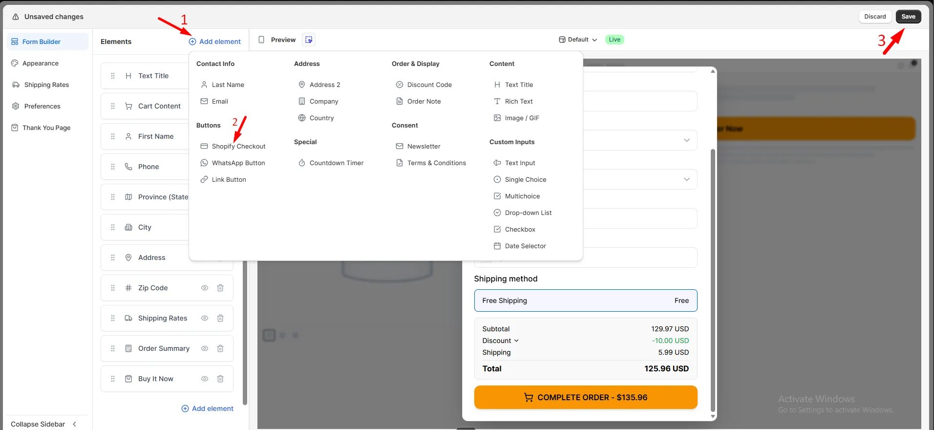 The Add element menu in Form Builder with the Shopify Checkout option under Buttons