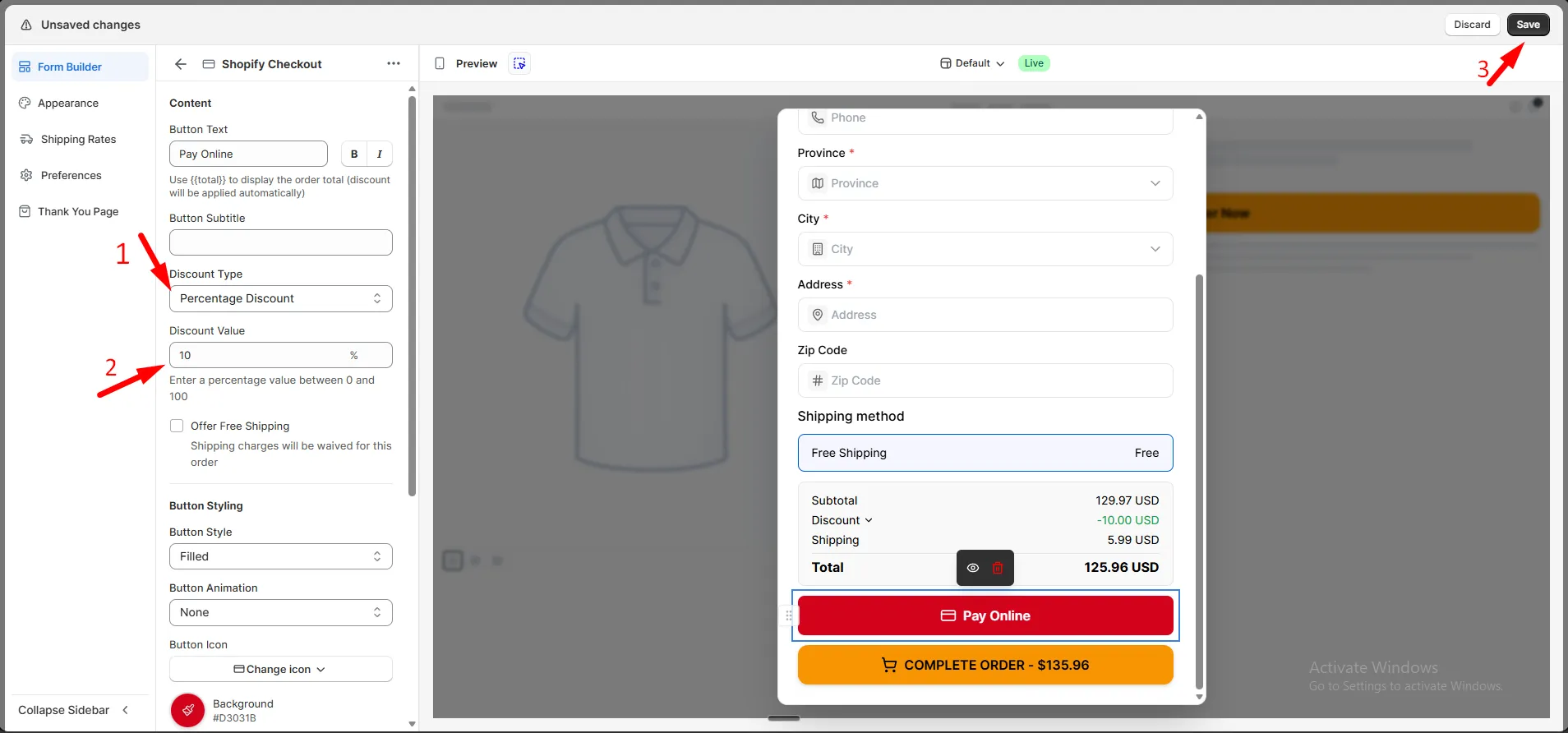 Shopify Checkout element settings showing button text, subtitle, discount type, and styling options beside a live preview