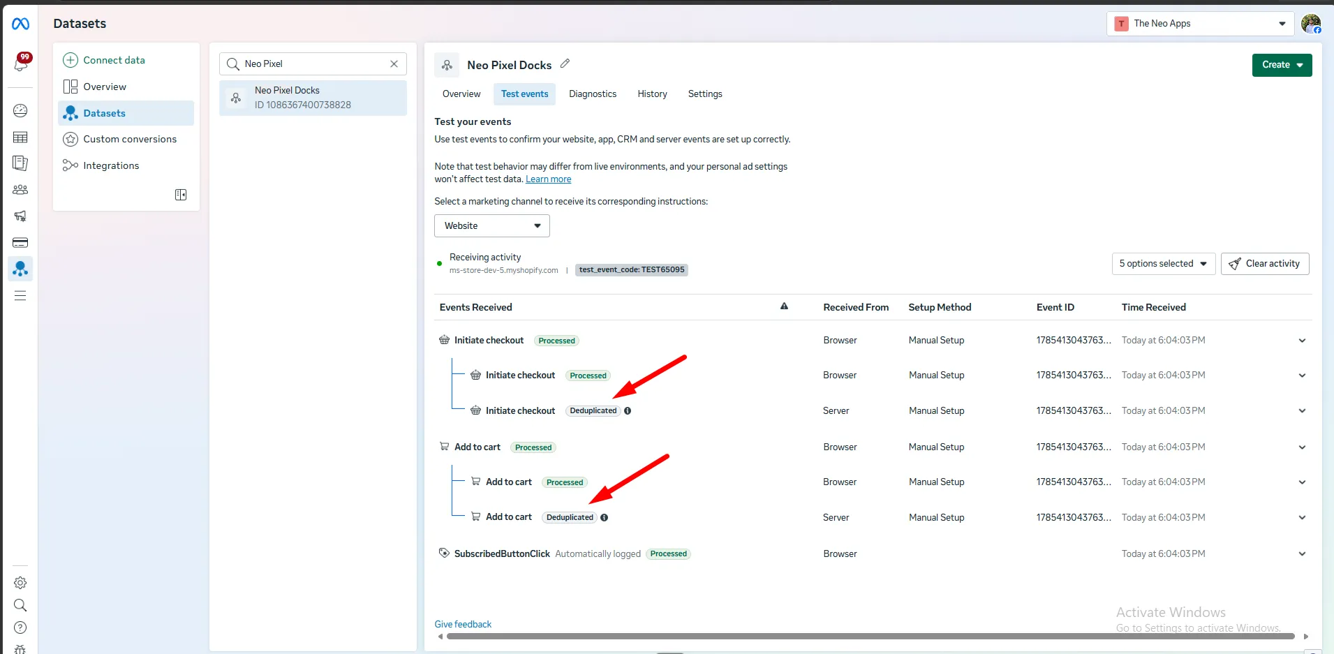 The Events Received table in Meta Events Manager showing paired Browser and Server rows for Initiate Checkout and Add to cart