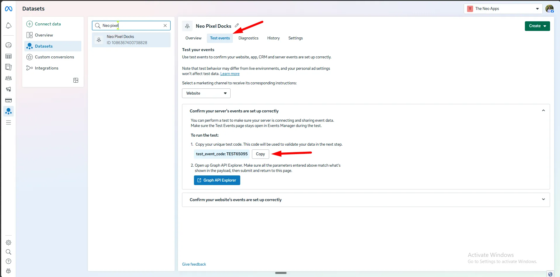 The Test events tab in Meta Events Manager with the test event code highlighted