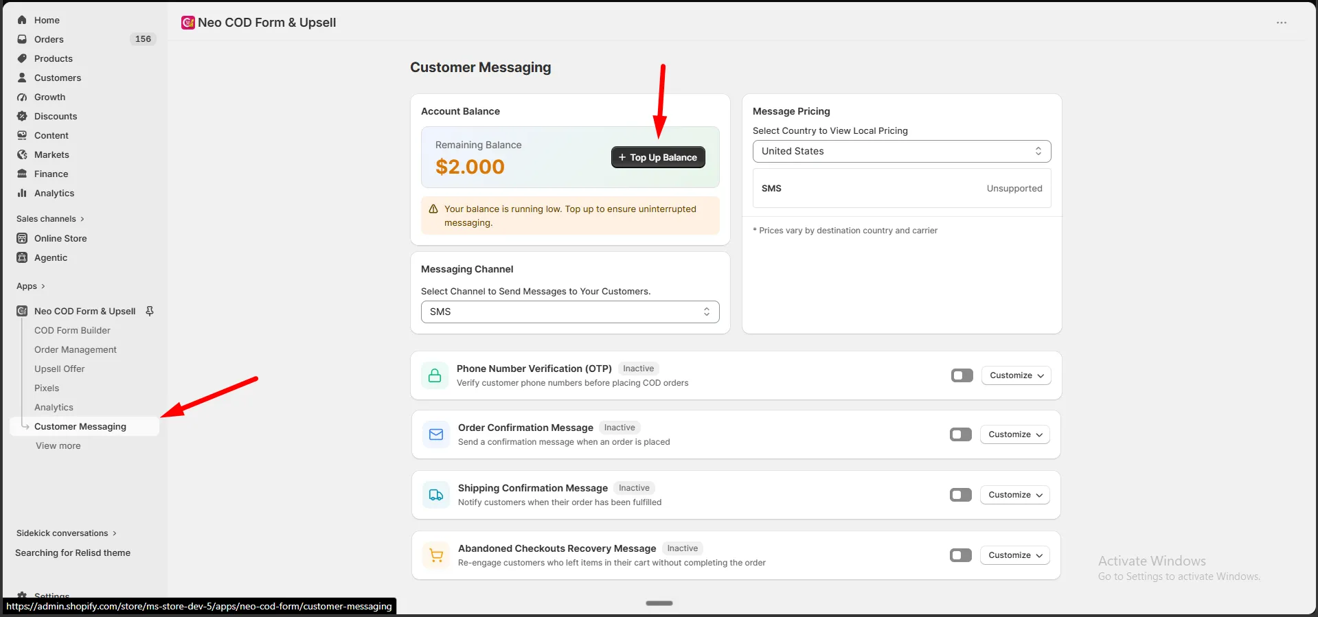 The Customer Messaging page with the Account Balance card showing a balance and a Top Up Balance button