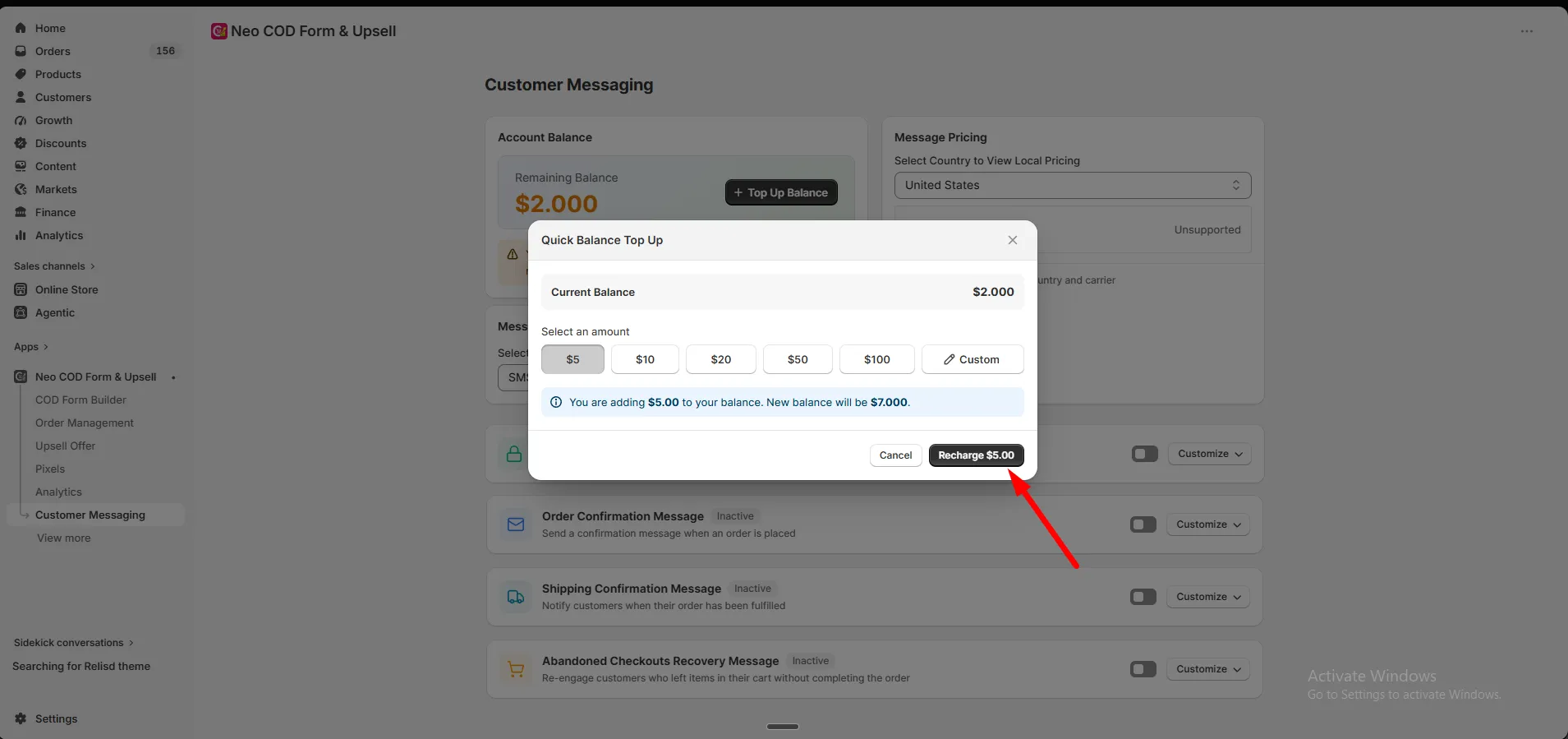 The Quick Balance Top Up dialog with preset amounts, a Custom option, and a Recharge button
