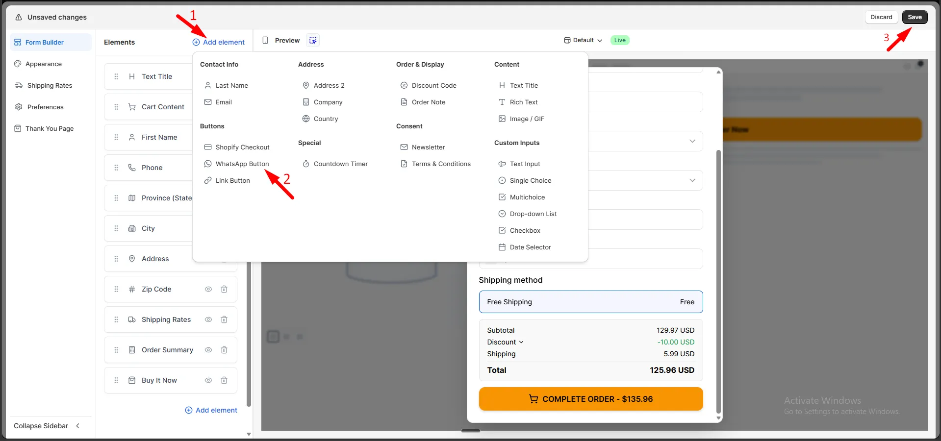 The Add element menu in Form Builder with the WhatsApp Button option under Buttons