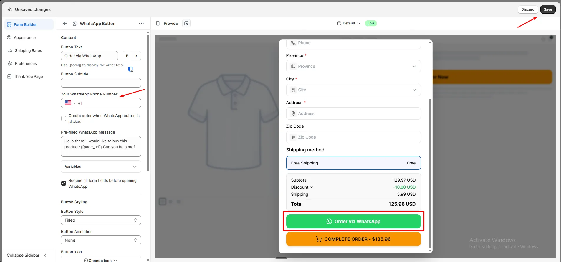 WhatsApp Button settings showing button text, phone number, pre-filled message, and styling options beside a live preview of the Order via WhatsApp button