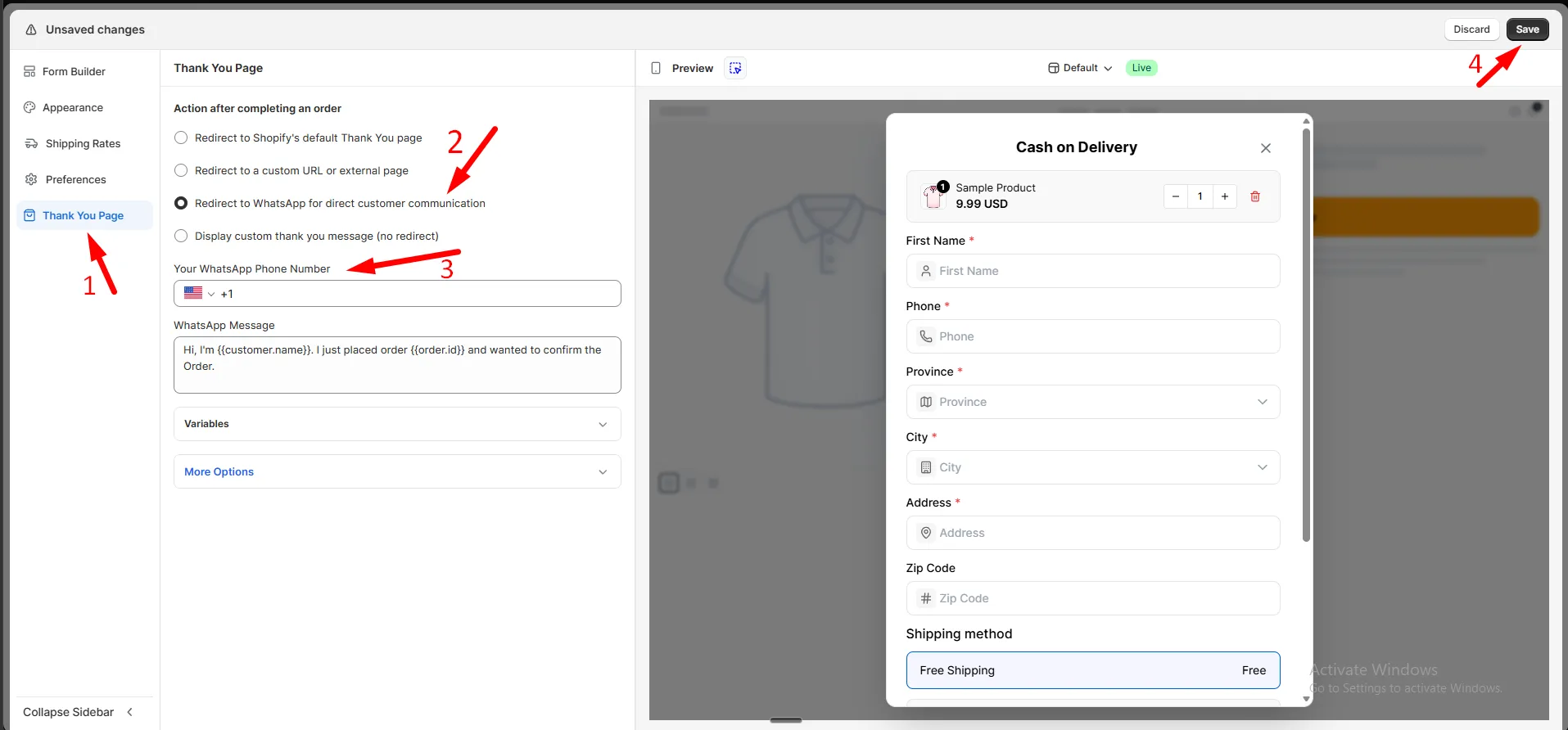 Thank You Page settings with Redirect to WhatsApp selected, showing the phone number and WhatsApp message fields