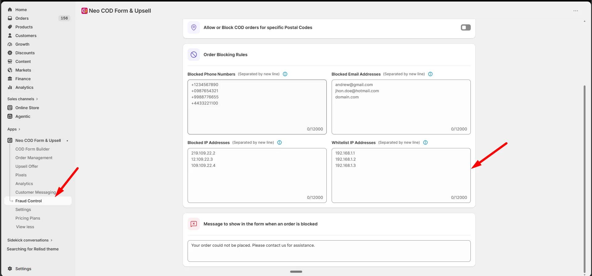 The Whitelist IP Addresses field in Order Blocking Rules, beside the blocked IP address list